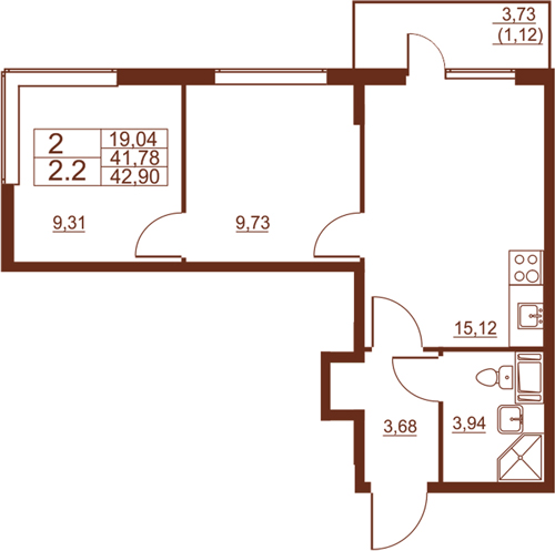 2-комнатная квартира 42,9 м²